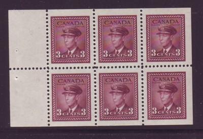 Canada Sc 252c 1943 3c G VI stamp booklet pane of 6 mint