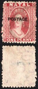 Natal SG76 1d Rose opt Postage (locally) Cat 95 pounds