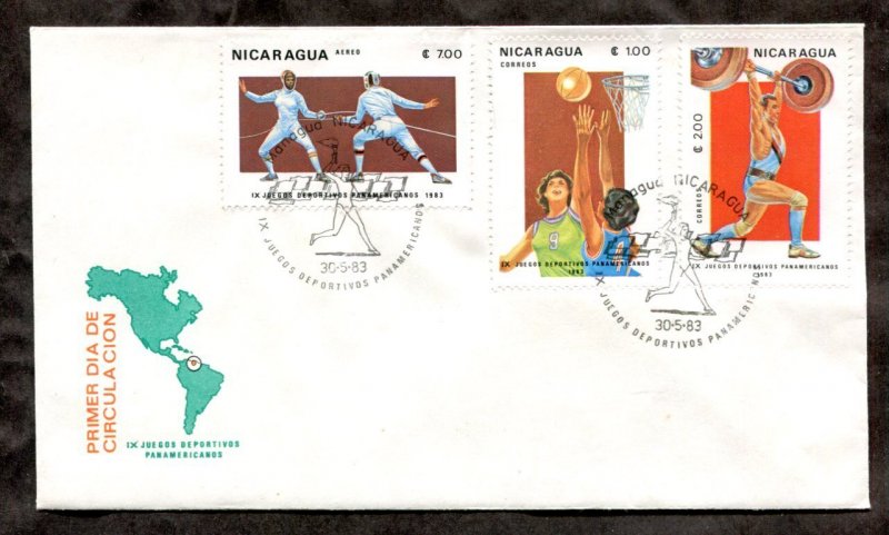 h25 - NICARAGUA 1983 Pan American Games Cover. Fencing, Basketball. Sports