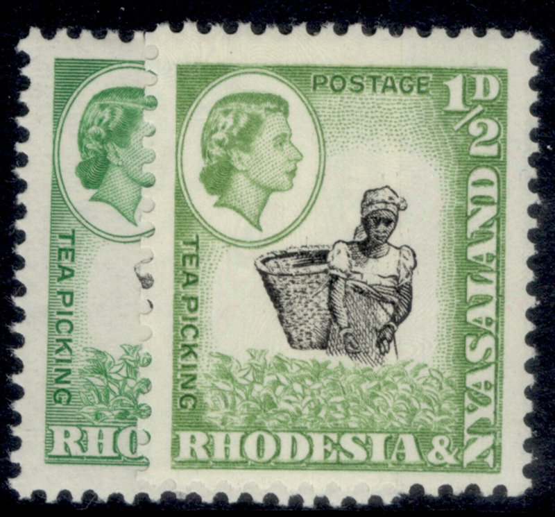 RHODESIA & NYASALAND QEII SG18 + 18a, ½d PERF & SHADE VARIETIES, M MINT.