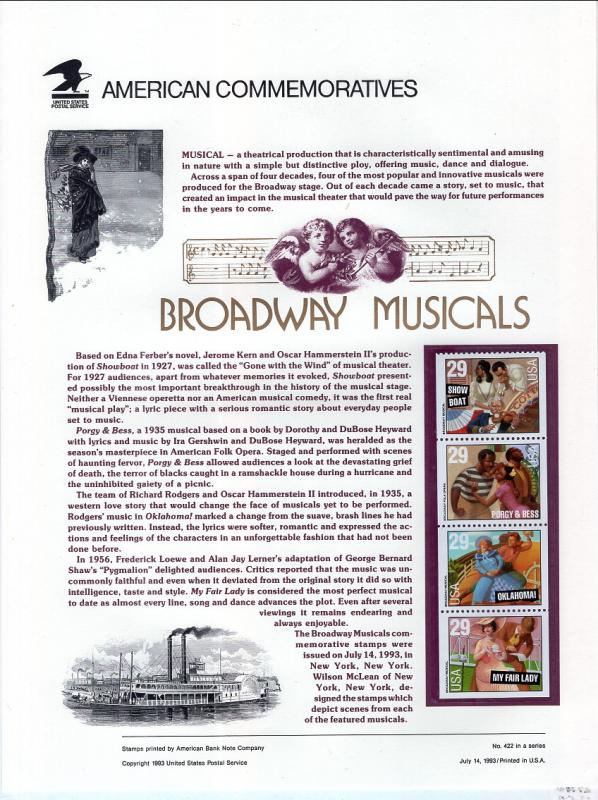 US CP422 Broadway Musicals 2770a Commemorative Panel Mint