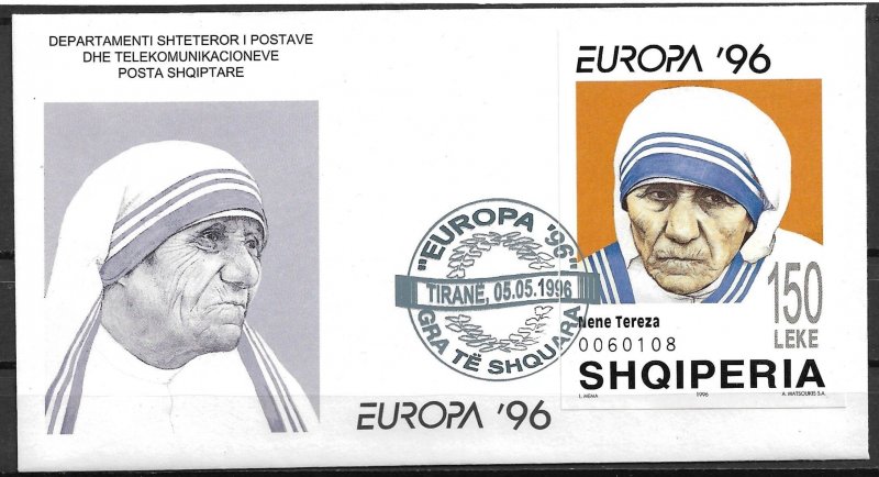 1996 Albania 2508 Mother Teresa S/S FDC