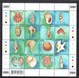 Malta #1135 2003 Sea Shells Sheetlet of 16v Mnh **