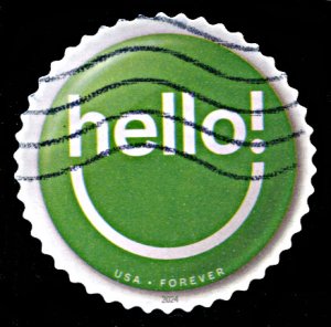 United States 5920, used, 'hello' Pinback Button