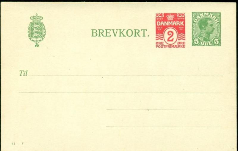 DENMARK 5ore + 2ore #41V, single card (52a) unused, VF