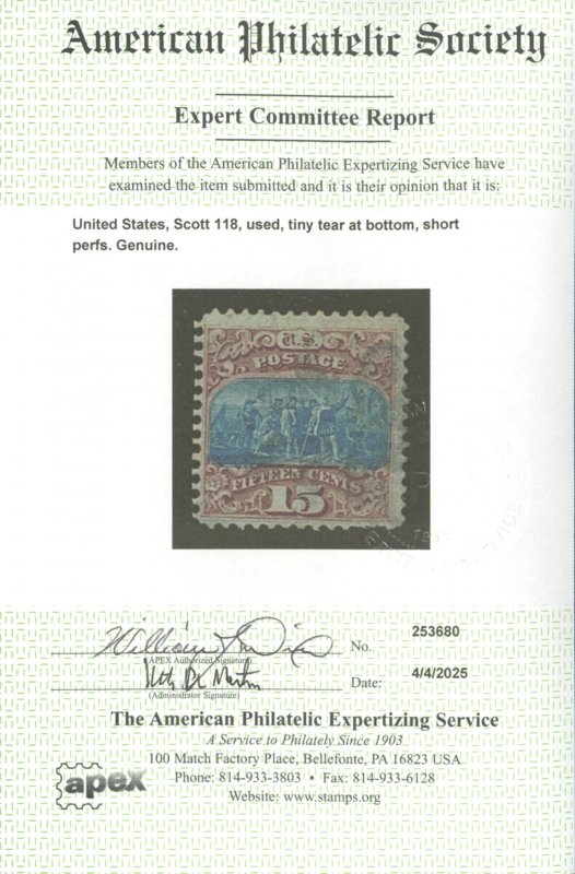 U.S. #118 USED WITH APS CERT
