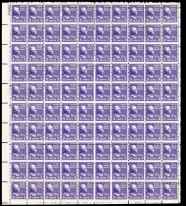 807, MNH 3¢ Misperforated Freak Error - Sheet of 100 Stamps -- Stuart Katz