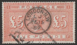 GREAT BRITAIN 1867 QV £5 BLUED paper, letters BF. SG 133 cat £12,500. Very rare.