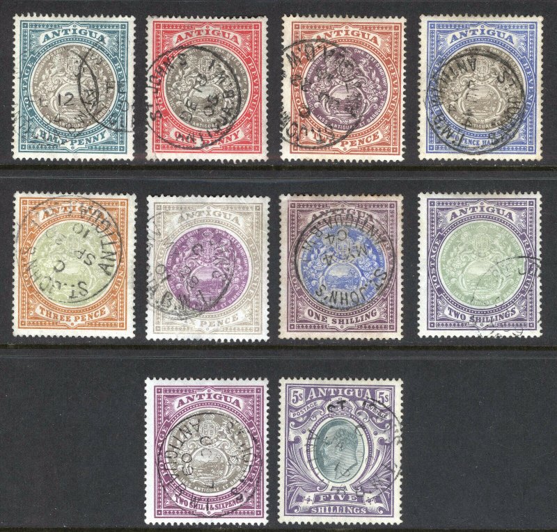 Antigua 1903 1/2d-5s Seal-EVII SG 31-40 Scott 21-30 VFU Cat £475($774)