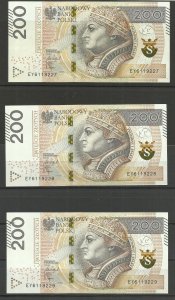 POLAND 2021 - BANKNOTES, 200 ZLOTY, THREE CONSECUTIVE NUMBERS , UNC