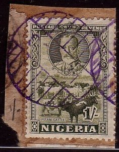 NIGERIA 1936 GV 1/- on piece LAGOS barred circle parcel cancel in violet...40338