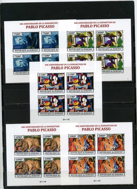 BURUNDI 2013 PAINTINGS BY PICASSO 5 SHEETS OF 4 STAMPS IMPERF. MNH
