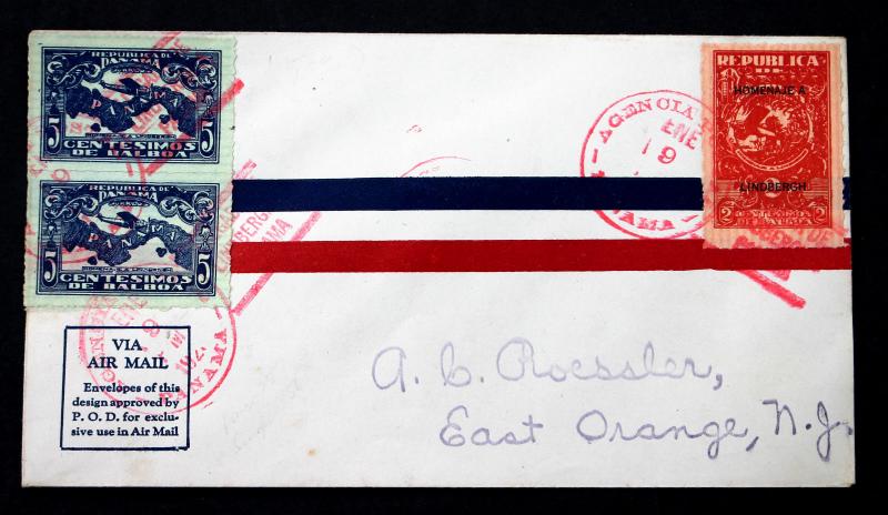 Stamp Panama Sc# 256-257 FDC Lindbergh Airmail Cover 1/9/1928 (3 strikes)