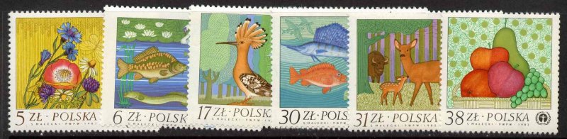 Poland 2556-61 MNH Flowers, Birds, Fish, Animals, Fruit, Human Environment