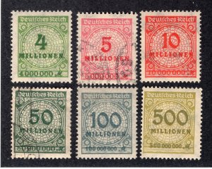 Germany 1923 4mil m to 500mil m, Scott 284-286, 289-290, 293 used, value = $1.50