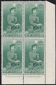 NEW ZEALAND 1953 Queen on Horseback 3/- MNH block with imprint & plate #2..B2388