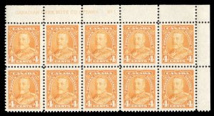 Canada #220 Cat$90, 1935 4c yellowish orange, plate block of ten, never hinged