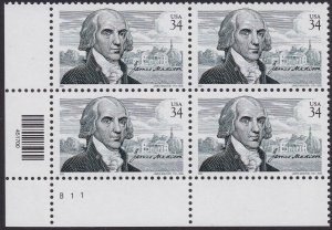 3545 James Madison Plate Block MNH