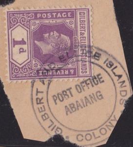 GILBERT & ELLICE IS GV 1d on piece POST OFFICE / ABAIANG undated pmk........2699