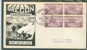 US 783 1936 3c Oregon Territory (block of four) on an addressed FDC with an Astoria, OR cancel with a Dyer cachet