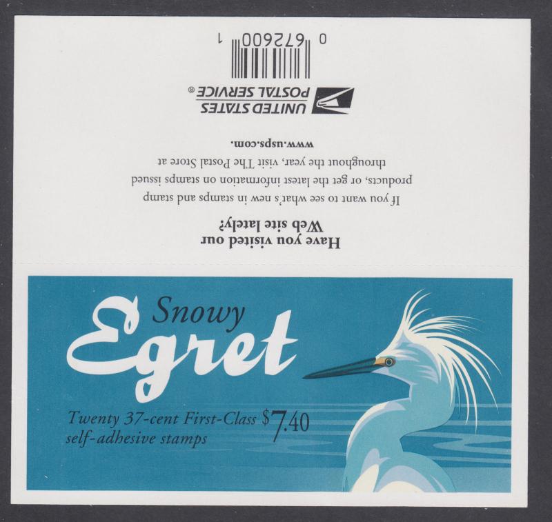 US Sc 3830De mint. 2003 37c Snowy Egret Booklet Pane of 20, plate P33333, VF