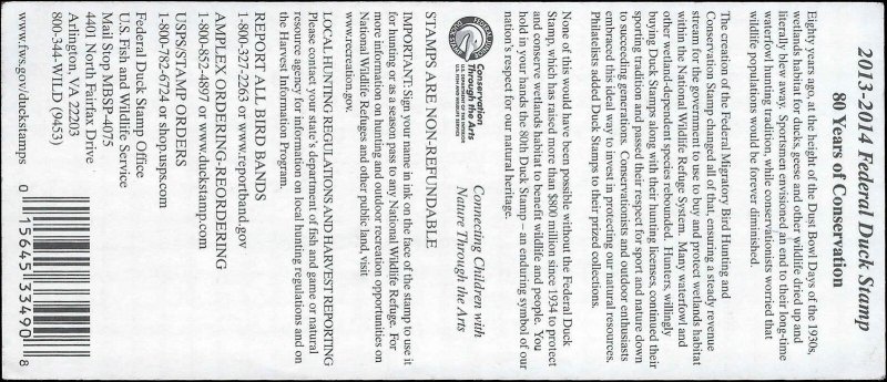 2013 Scott RW80 Duck Stamp Hunting Permit Souvenir Sheet - Slight Corner Wear