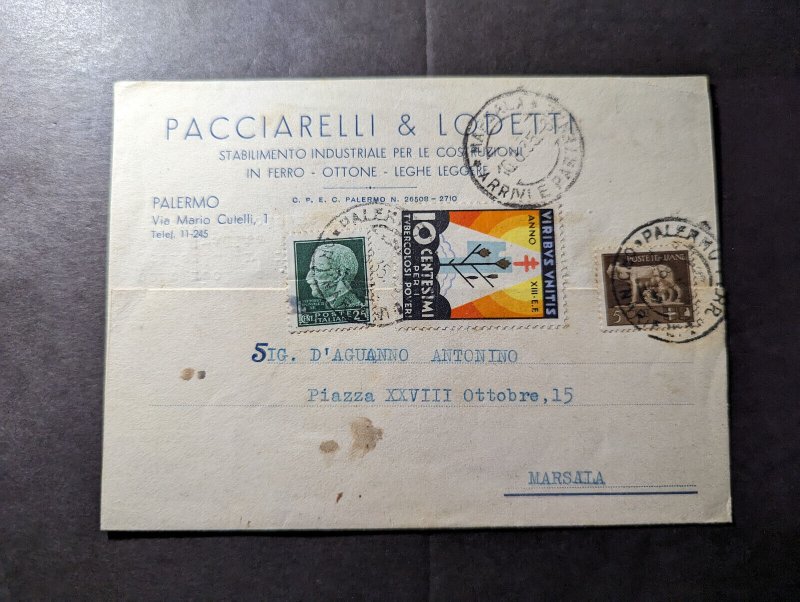 1935 Italy Postcard Cover Palermo to Marsala