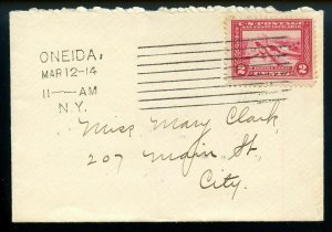 U.S. Scott 398 on 1914 Oneida, New York Cover w/Columbia Rectilinear Cancel 