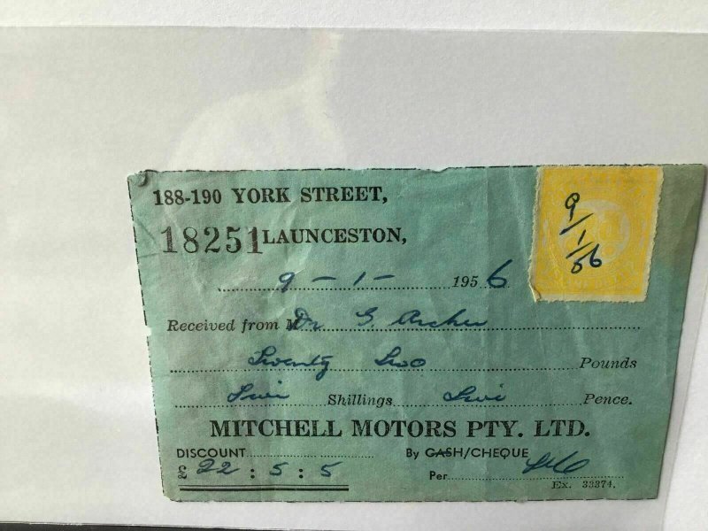 Tasmania Duty Stamp on 1956 on Mitchell Motors York Street Receipt Ref R28029