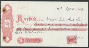 NEW ZEALAND 1905 1d Universal used a revenue on a fancy receipt............59537