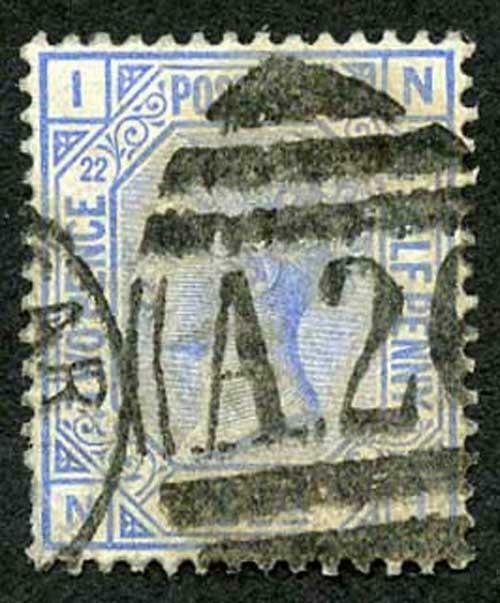 Gibraltar SGZ28 2 1/2d blue plate 22 with A26 pmk