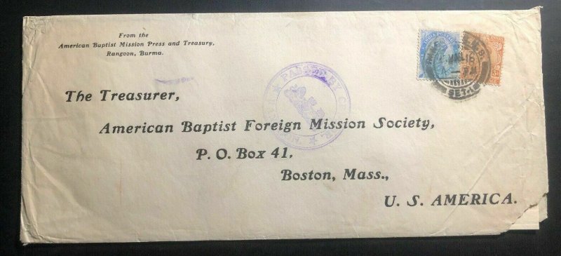 1916 Rangoon Burma India Missionary Cover To Baptist  Mission Boston MA USA B