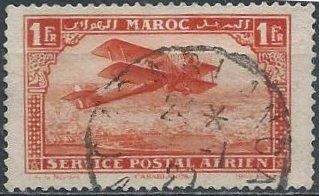 French Morocco C7 (used) 1fr biplane over Casablanca, verm (1922)