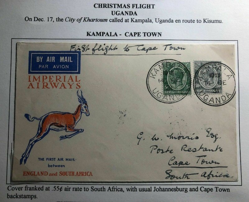 1931 Kampala Uganda KUT First Flight Cover FFC To Capetown South Africa Xmas