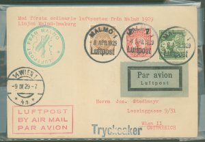 Sweden 80/97/132 1929 re-opening of air service Malmö -Berlin-Vienna. 80, 97 and 132 with bold Lufepost cancels, green cachet an