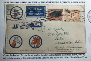 1932 East London South Africa First Flight Cover FFC To Hilo Hawaii Via New York