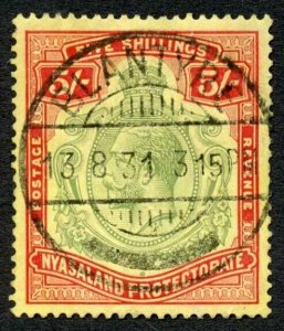 Nyasaland SG112 5/- green and Red/yellow Cat 85 pounds