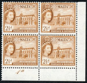 Malta SG271 2 1/2d Orange Brown Plate 1a U/M Block (tiny natural inclusion)