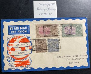 1932 Bellary India First Flight Airmail cover FFC To Madras