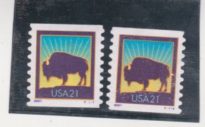 US Scott # 3475-V2222 Pl# V1111 2001 American Buffalo, 21¢ Stamp, MNGU