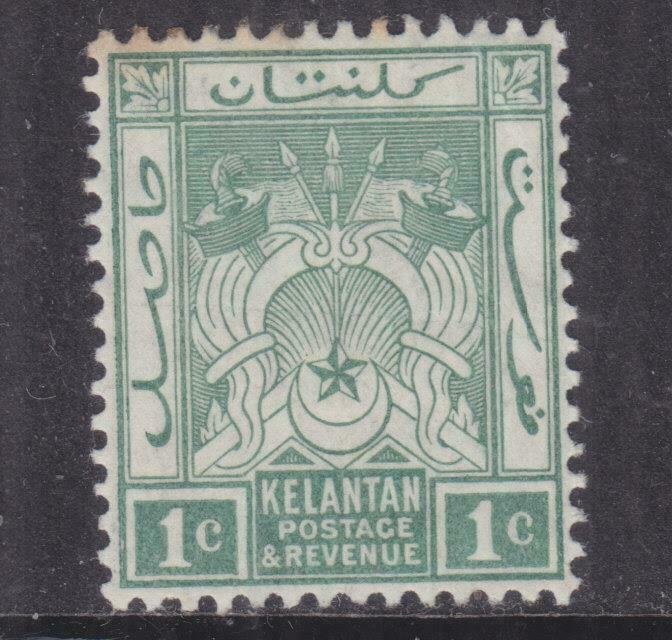 KELANTAN, 1911 Arms, Mult. CA. 1c. Blue Green, lhm., spots at top.