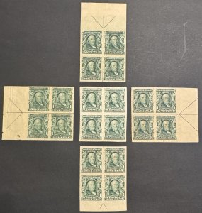 Scott 314 1¢ Franklin Imperf Mint Blocks.  4 Arrow Blocks & Center Block. MHR