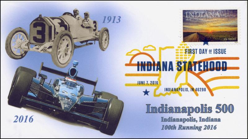 2016, Indiana Statehood, 200 Years, FDC, Color Digital Postmark,Indy 500, 16-187