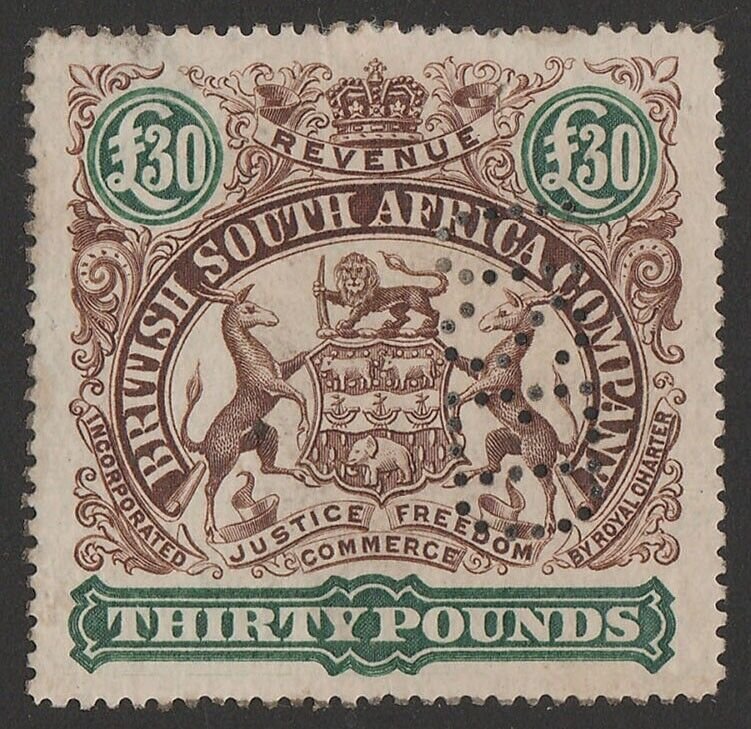 RHODESIA 1897 Arms Revenue £30 brown & green perf 15.
