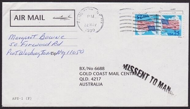 USA TO AUSTRALIA 1990 cover MISSENT TO MANILA Philippines...................6740