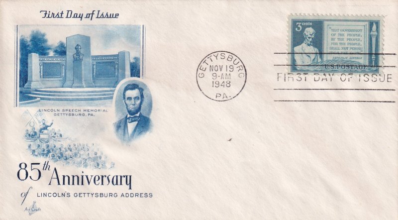 1948, 85th Anniv. Gettysburg Address, Art Craft, FDC (E12936)