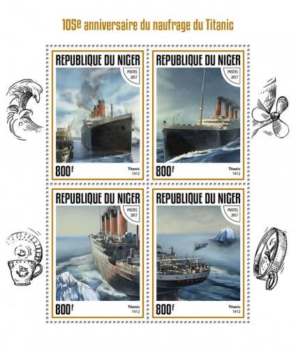 NIGER - 2017 - Sinking of Titanic, 105th Anniv - Perf 4v Sheet - MNH