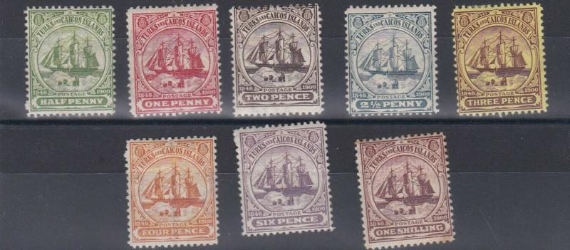 TURKS & CAICOS 1900-04 SG 101-107 VARVALUES TO 1/- MH 2 STAMPS TONED I OLD HINGE