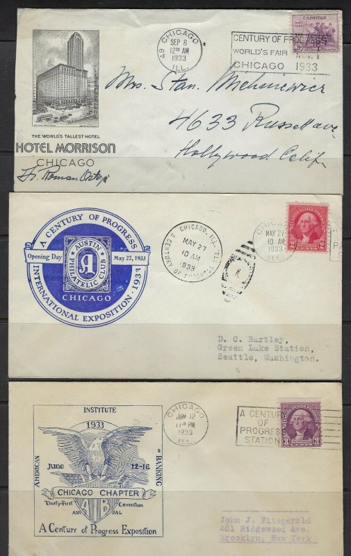 US 1933 CENTURY OF PROGRESS CHICAGO WORLD FAIR 3 COVERS DIFFERENT CACHETS