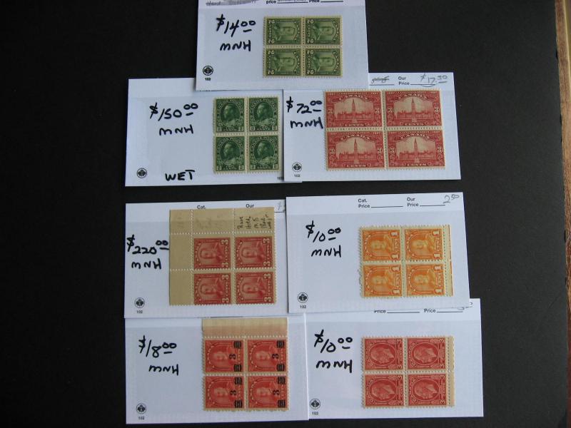 Canada old time blocks of 4 MNH in sales cards,check em out!